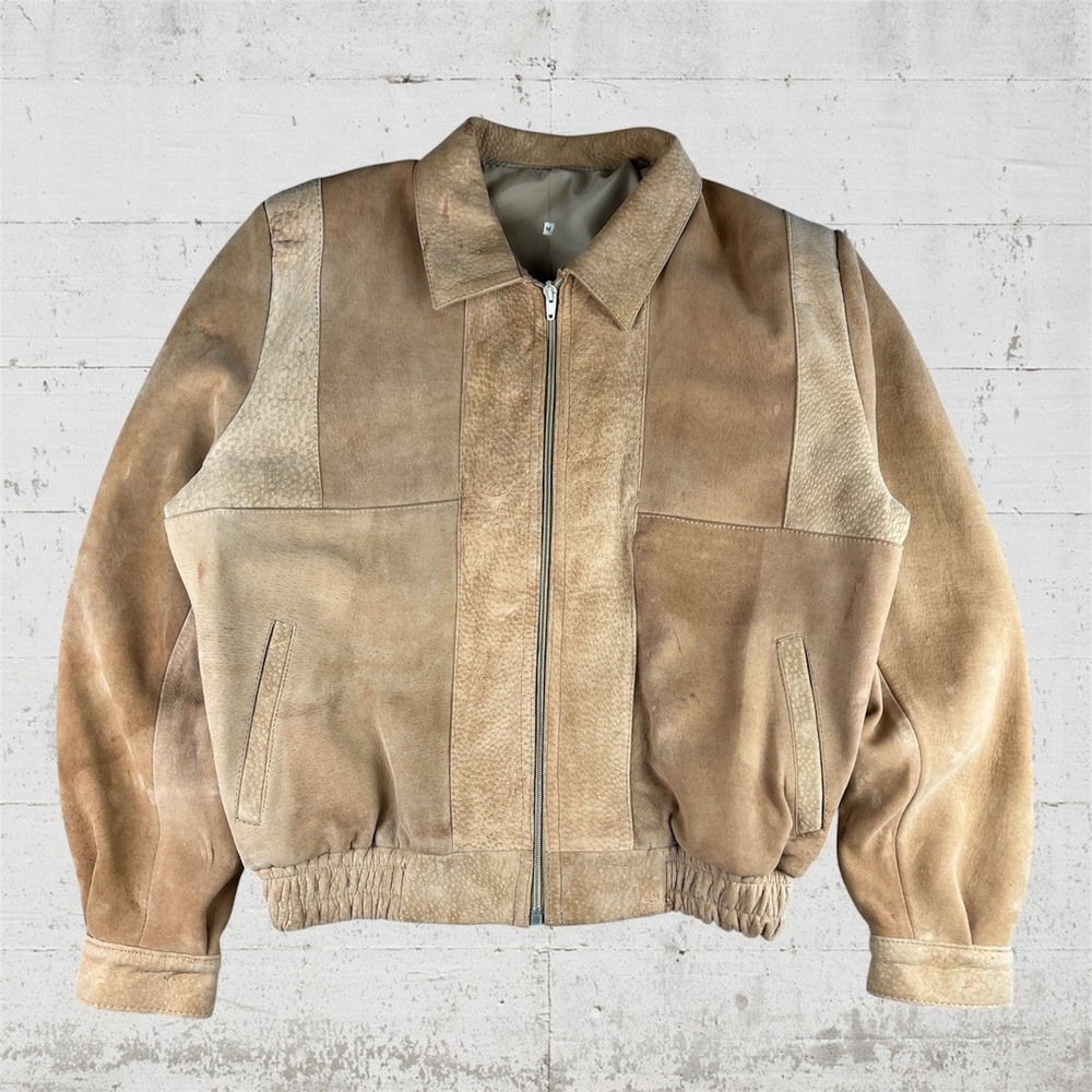 Vintage Leather Patchwork Suede Bomber Jacket Mens Medium Tan Full Zip 80s Retro